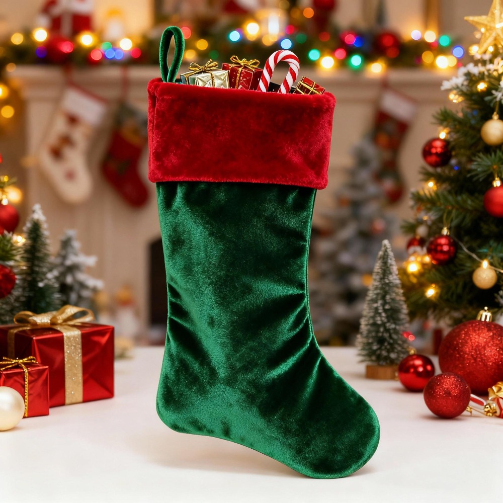 Christmas Stocking Hanging - Czerwono-zielona aksamitna świąteczna skarpeta, pluszowa, wielokrotnego